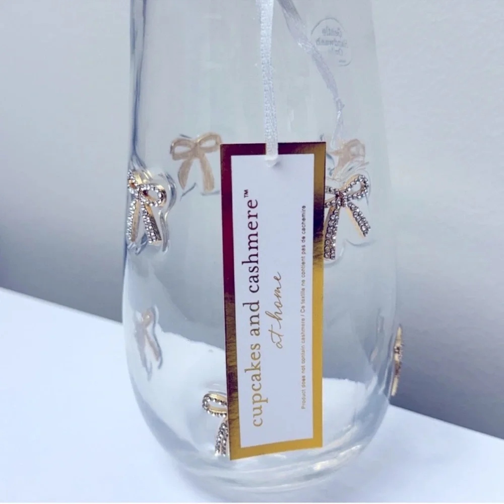 New Cupcakes & Cashmere Rhinestone Gold Bow Ribbon Glass Embedded Bow Vase